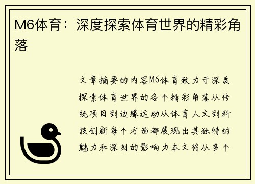 M6体育：深度探索体育世界的精彩角落